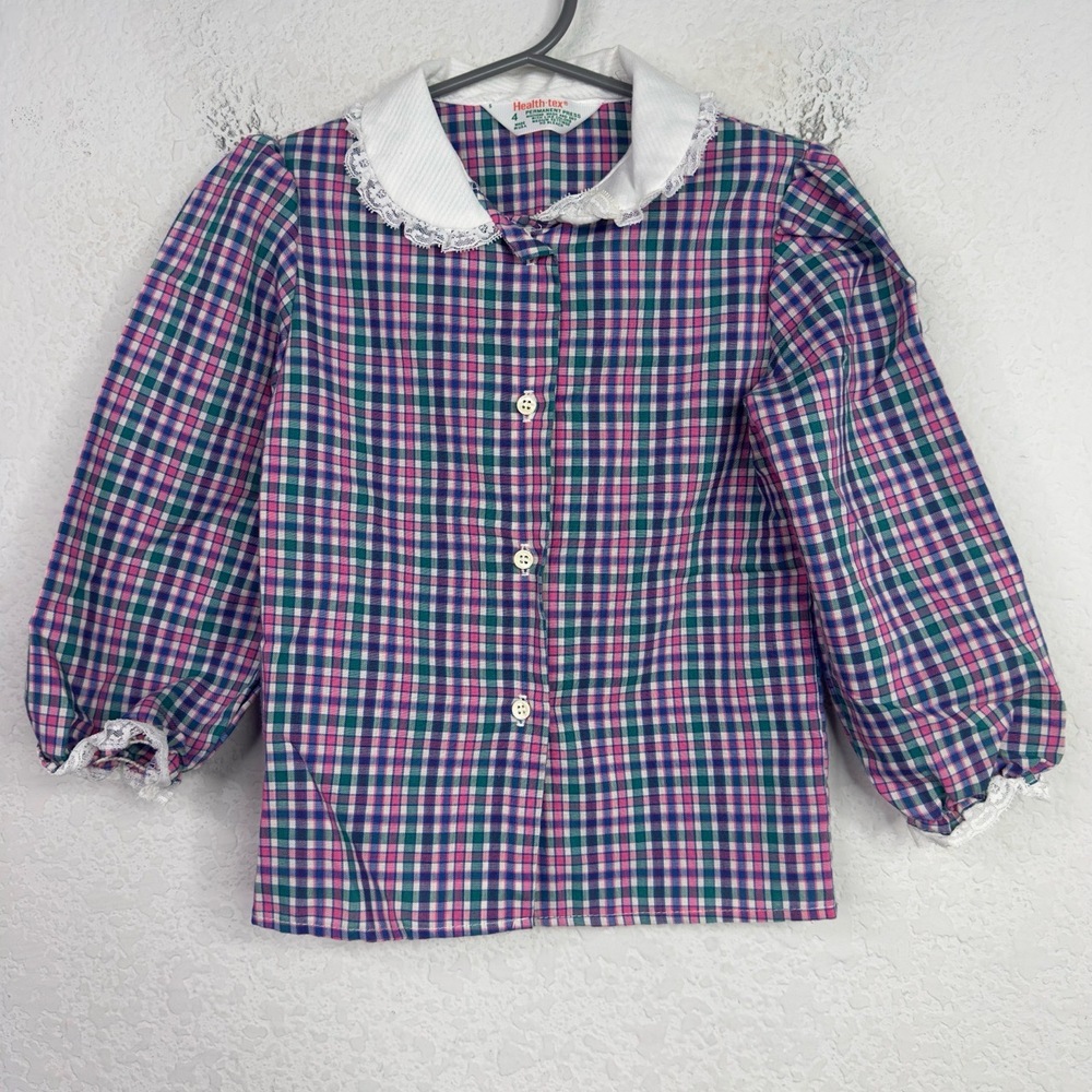 Health-tex Shirt Girls Size 4 Pink Blue Plaid VTG Lace Button Peter Pan Collar